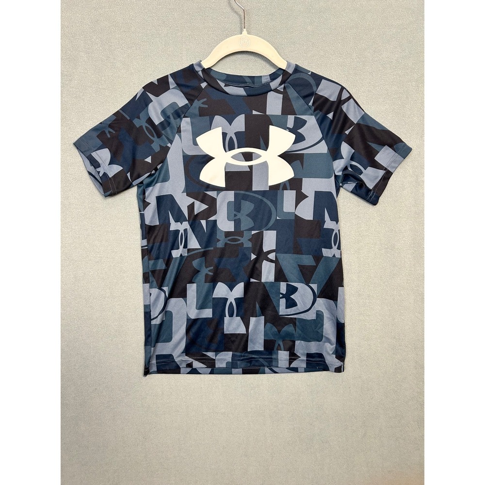 Under Armour Boys Blue Grey Geometric Logo HeatGear T-Shirt Size Medium YMD